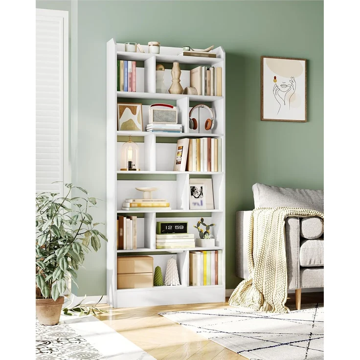 Bücherregal, Bücherschrank, mit 7 Fächern, Aufbewahrungsregal, Standregal, für Wohnzimmer, Büro, Schlafzimmer, 24 x 80 x 199 cm, Weiß – Bild 1
