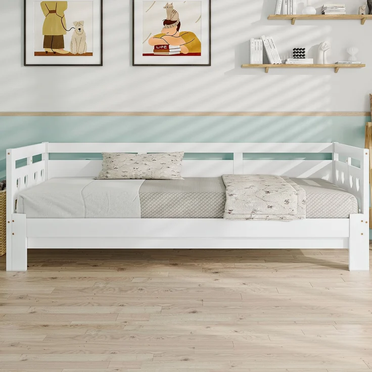 Herzform Schlafsofa, Daybed ausziehbar, Kinderbett und Gästebett, weißes Polster, Kiefernholz, platzsparend – Bild 2