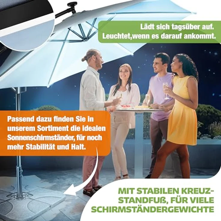 KESSER® Alu Ampelschirm LED Solar + Abdeckung mit Kurbelvorrichtung UV-Schutz Aluminium mit An-/Ausschalter Wasserabweisend - Sonnenschirm Schirm Gartenschirm 350cm, Hellblau – Bild 7