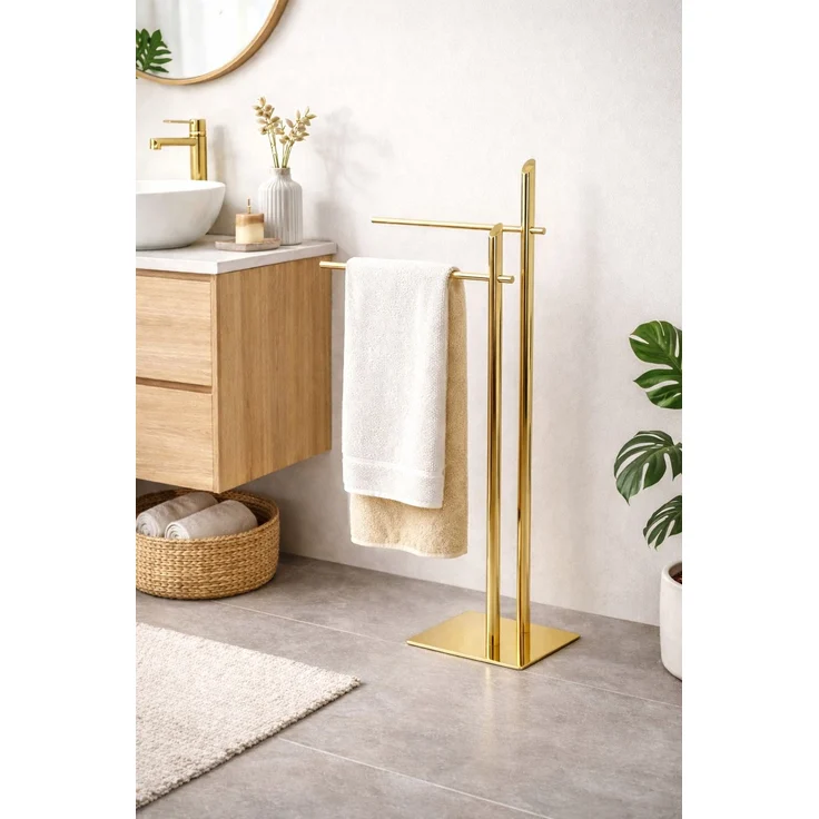Handtuchhalter Stand freistehend 91 cm Messingoptik Gold – 2 Stangen + Bodenplatte – ohne Bohren – Bild 1