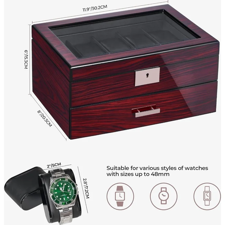 Uhrenbox für Männer 20 Slots mit Glasdeckel abschließbar luxuriös UJWB002Y – Bild 6