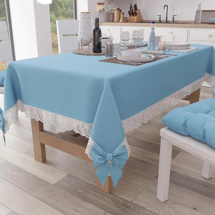 PETTI Artigiani Italiani - Tischdecke, Tischdecke, rechteckige Küchentischdecke mit Spitze und Schleifen, einfarbige Tischdecke aus Baumwolle, X12 Plätze (140x240 cm) Hellblau