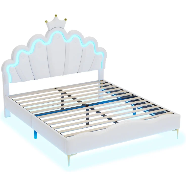 140*200cm Flaches Doppelbett, kronenförmiges Prinzessinnenbett, weiche Polsterung aus PU-Leder, verstellbarer LED-Umgebungslichtstreifen, weiß – Bild 10