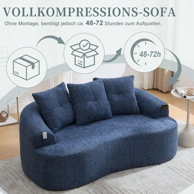 LVHOM 2-Sitzer Sofa mit 3 Kissen, Cloud Sofa mit komprimiertem Design, kein Aufbau erforderlich, Doppelsofa aus Chenille, Blau – Bild 6