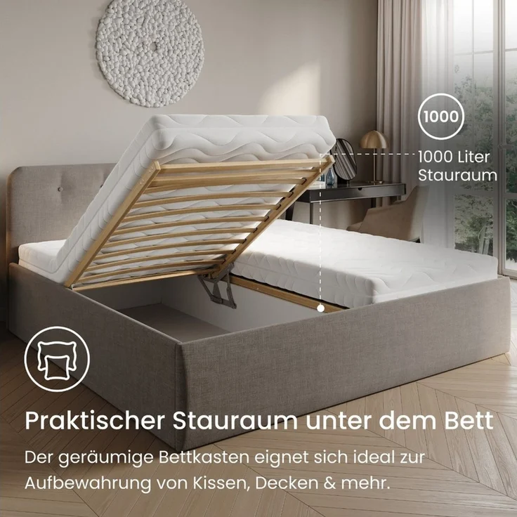 Home Collective Polsterbett Bett mit Stauraum, verstellbarem Lattenrost, viele Größen (Größen: 100x200 120x200 140x200 160x200 180x200 200x200, hochwertiger Strukturstoff, made in Germany), modernes Design mit hochwertigem Strukturstoff 200x200 cm, Dun... – Bild 3