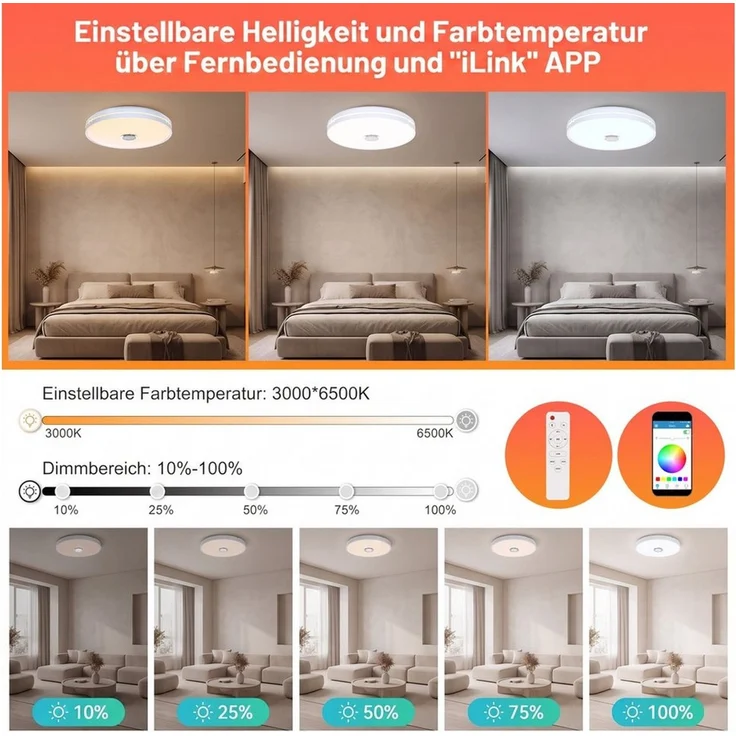 LETGOSPT Deckenleuchte LED Deckenlampe, mit Bluetooth Lautsprecher, RGB, Fernbedienung, APP, LED fest integriert, RGB, Tageslichtweiß, LED Deckenleuchte,Ø 30cm,für Badezimmer Schlafzimmer Wohnzimmer – Bild 4