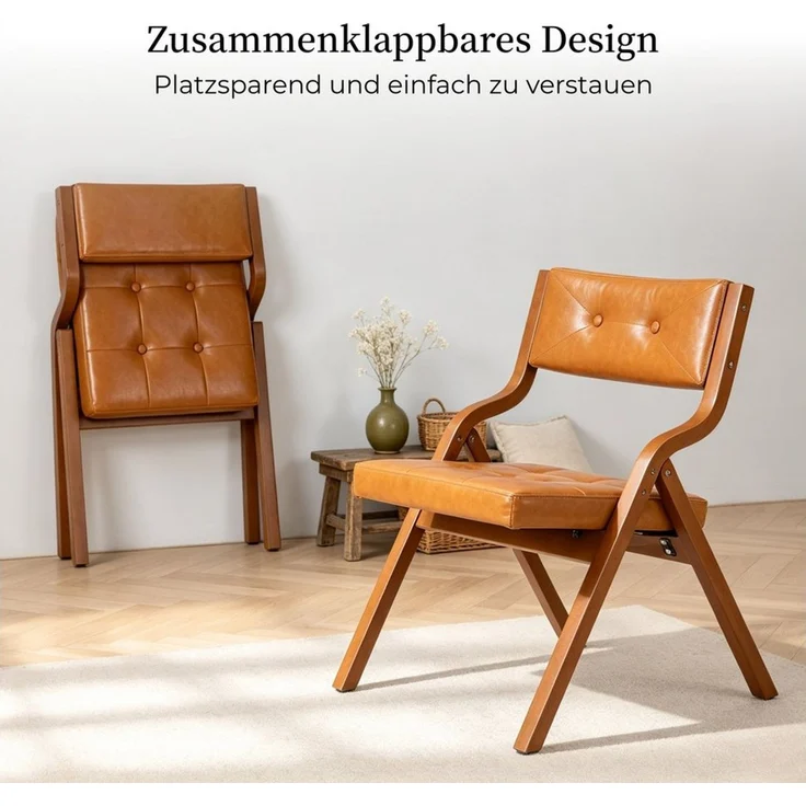 SeedWave Esszimmerstuhl 2er Set Klappstühle Kunstleder Faltstuhl mit Gebogenem Holzgestell (2er Set), Vintage-Lederoptik Folding Chair mit Knopfheftung, 130 kg belastbar – Bild 3
