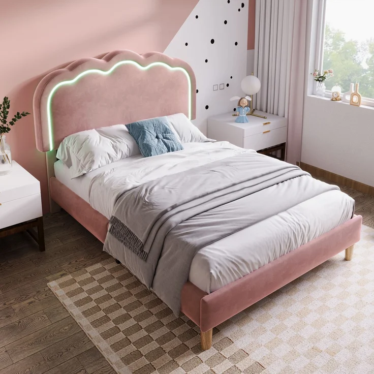 Polsterbett 90×190 cm aus Samt-Stoff mit LED-Beleuchtung, rosa – Bild 1