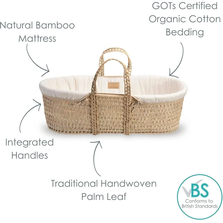 Clair de Lune Bio-Palmen-Moseskorb, Gold-Preisträger, kommt mit Bio-Kompresse, natürlicher Bambus-Matratze und weichem Baby-Betttuch, 75x28 cm (Naturcreme) – Bild 3