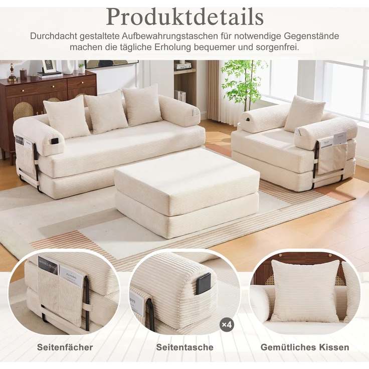 ZUBALIYA Ecksofa 94x67 cm, mit Ablageflächen, mit Cordbezug, mit breiten Armlehnen, modular aufgebaut, mit Schaumstoffpolsterung – Bild 4