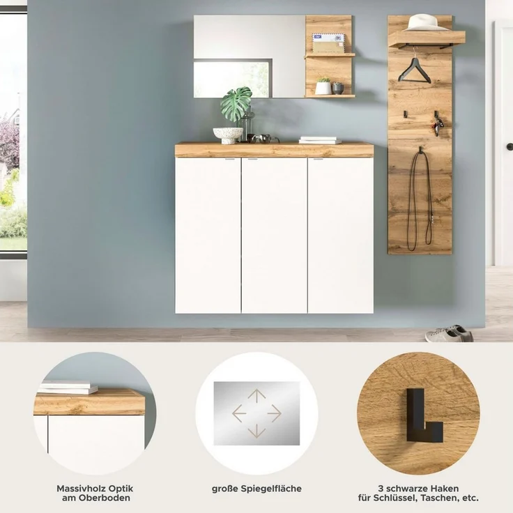 OTTO home Garderoben-Set MAMBO II, 3-teilig, hängend oder stehend montierbar, (3-St, bestehend aus: Schuhschrank, Spiegel & Garderobenpaneel), Garderoben-Kombi, Garderobe, Flur, Diele – Bild 4