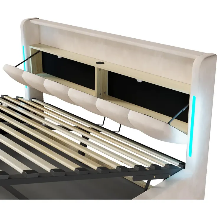 Polsterbett mit Stauraum, RGB LED-Streifen, Lattenrost, Regal, Aufbewahrung, USB und Type-C, gepolsterter Kopfteil, 180x200 cm, Stauraumbett, Samt – Bild 9