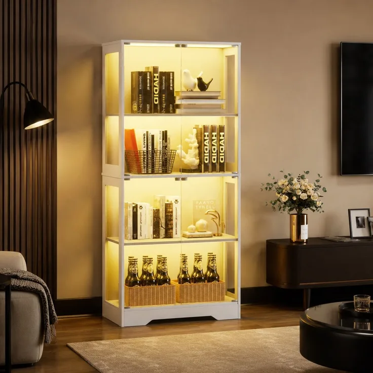 DESVIAE Vitrine mit LED-Beleuchtung und Glastüren 80x165x35 cm Glas/MDF Weiß