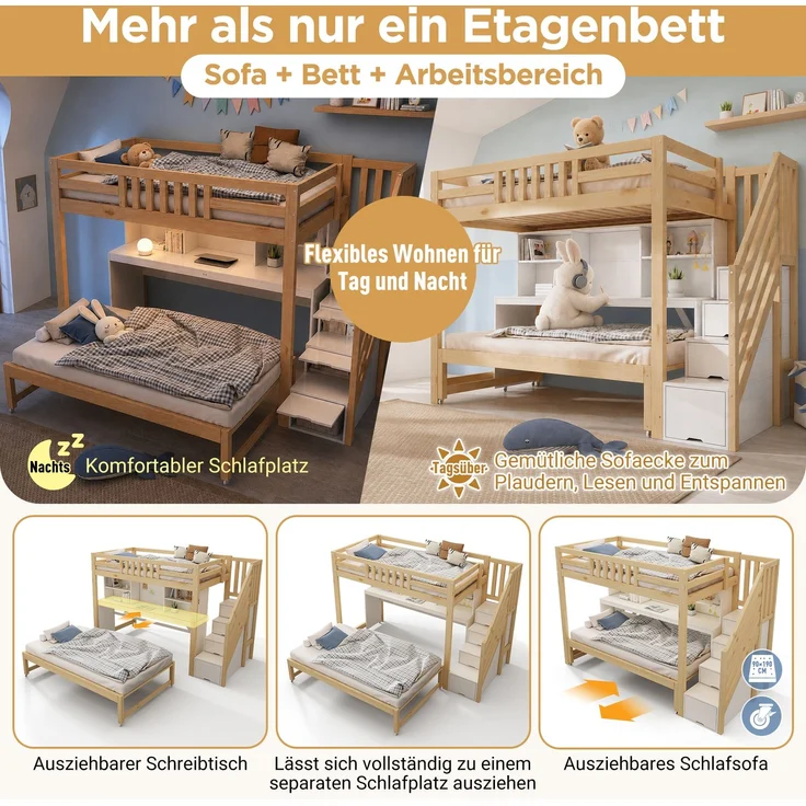 Hochbett Liegefläche 90/200 + 90/190 cm mit Ausziehbett, Schreibtisch, Regal, Weiß/Eiche, ohne Matratze – Bild 6