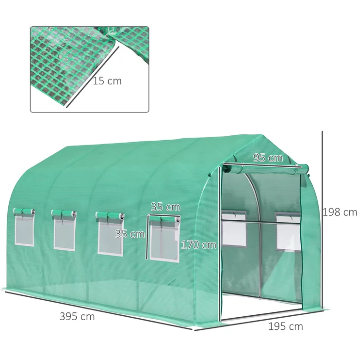 MELAYR, Tunnelgewächshaus 4x2x2 m mit 8 Mesh-Fenstern und Tür, Obstgarten-Gewächshaus für Terrassen-Grüngarten, Grün – Bild 5
