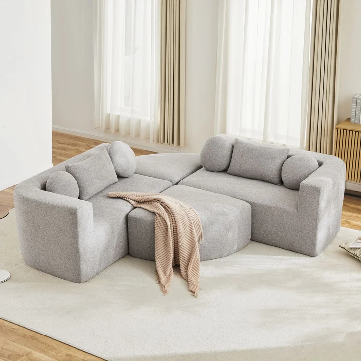 Merax 4-Sitzer Sofas, 292cm Modulare Sofa, Modulare Schlafcouch mit Schlaffunktion, Vollkomprimierte Cloud Couch, Chenille, Ohne Montage, Hellgrau – Bild 3