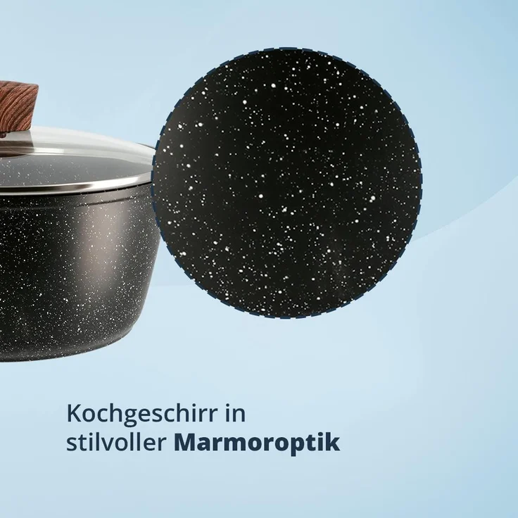 KHG Topfset 7-teilig aus geschmiedetem Aluminium in Marmoroptik mit ergonomischen Griffen in Holzoptik | 3 Glasdeckel | Kochgeschirr Topf- und Pfannenset induktionsgeeignet | Antihaftbeschichtung… – Bild 5