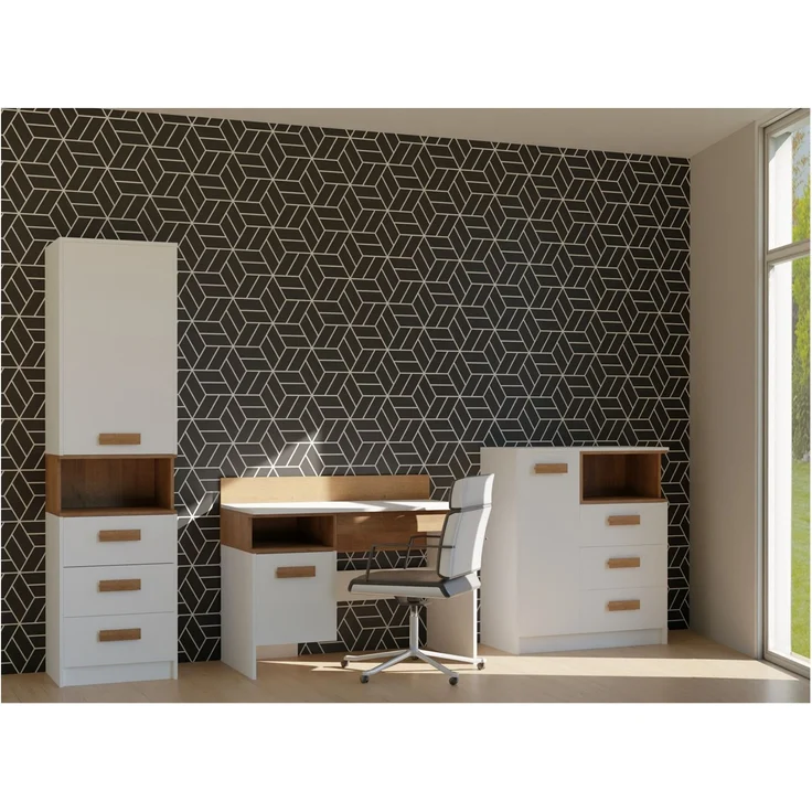 Marmex Möbel Grant Set-K Jugendzimmer-Set 3-teilig mit Kommode, Schreibtisch, geschlossenes Regal, Kinderzimmermöbel mit Schreibtisch, laminierte Spanplatte, weiß+riviera Eiche, 250x195x55 cm – Bild 6