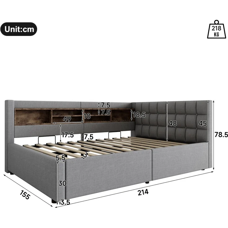 Daybett, Tagesbett, Schlafsofa,140x200 cm, Ohne Matratze, Hydraulische Lagerung, mit dimmbarer LED-Leiste, mit praktischem Regal, mit USB-Anschluss,Grau – Bild 7