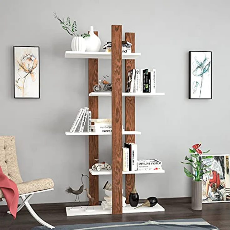 Homemania Bücherregal Denbi Wandregal mit Ablagen für Wohnzimmer, Arbeitszimmer, Wenge, Weiß, aus Holz, 80 x 20 x 150 cm – Bild 2