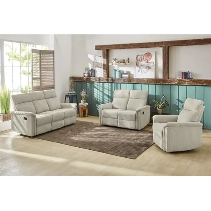 3-Sitzer-Relaxsofa Federkern Couch m. Liegefunktion verstellbar Bezug Cord Beige – Bild 7