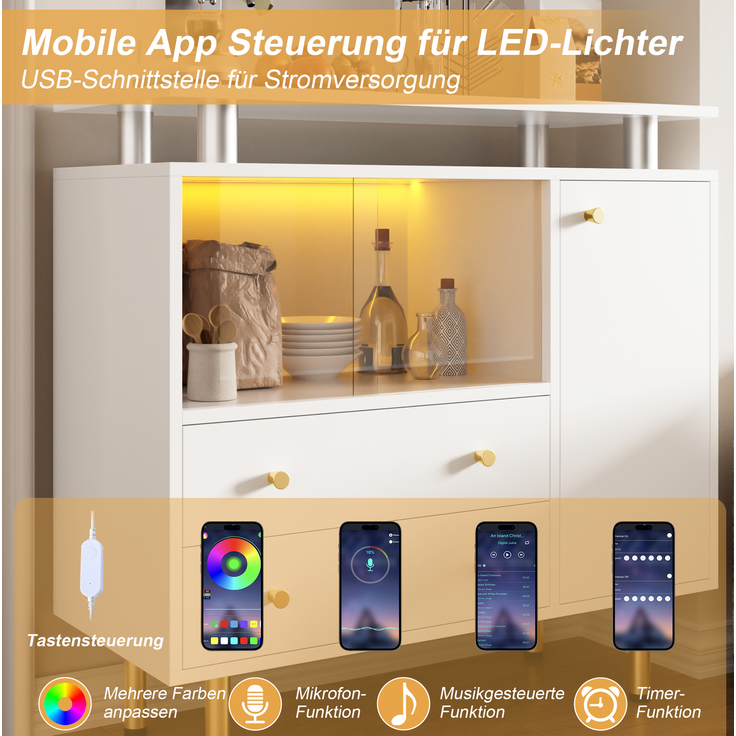 DESVIAE Sideboard mit LED-Beleuchtung und Glastüren 80x80x35 cm Spanplatte Weiß – Bild 4