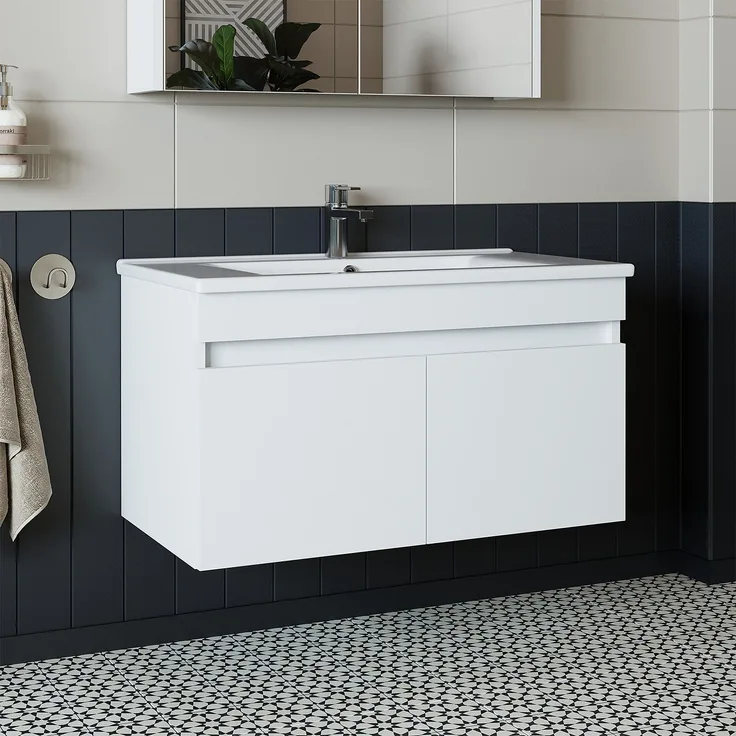 Skye Decor '1049' Badezimmerschrank mit Waschbecken, Mattweiß, 85 x 48 x 45,5 cm