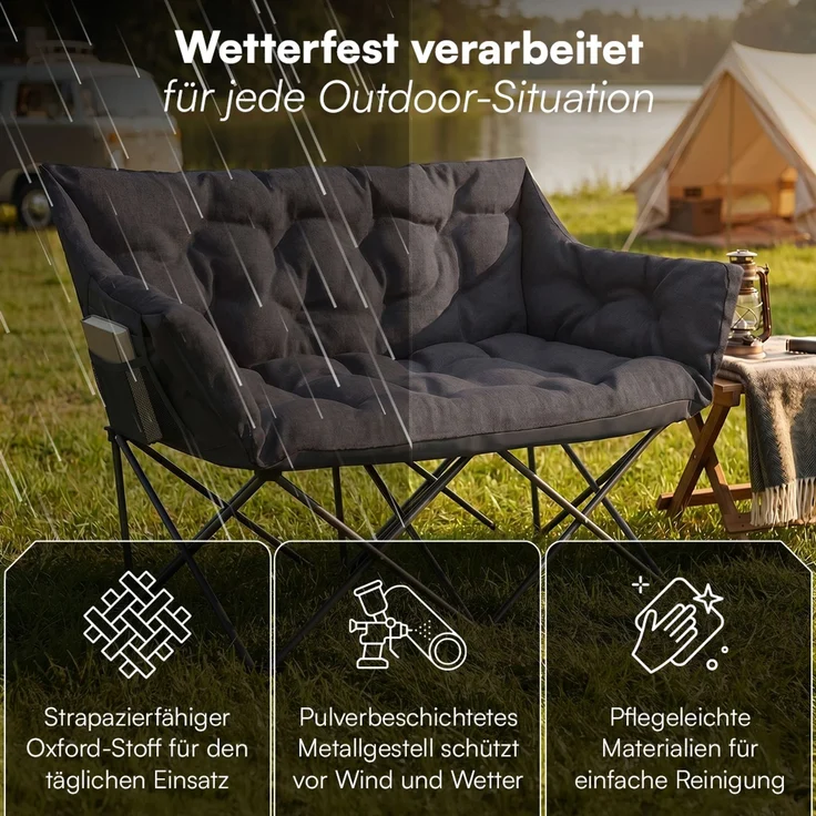 STEELSØN 'Hoggar' Campingbank für 2 Personen, schwarz, XXL Klappstuhl, bis 320 kg, gepolsterte Campingbank mit 2 Seitentaschen – Bild 7