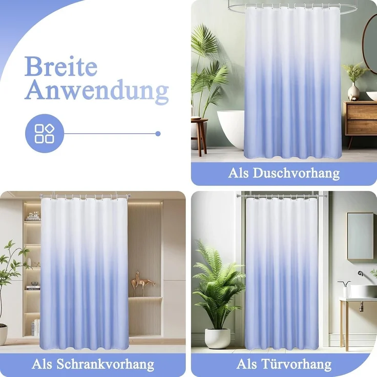 Duschvorhang 180X200cm Blau Textil Wasserdicht Waschbar mit 12 Ringen – Bild 7