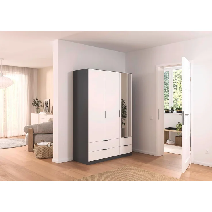 Rauch Möbel Lagoa, Kleiderschrank, Garderobe für Schlafzimmer, Kinderzimmer, Jugendzimmer 3-türig mit Spiegel, 4 Schubladen, mit Zubehör Basic, Farbe Weiß/Grau metallic, Schwarz, Breite 136 cm – Bild 2