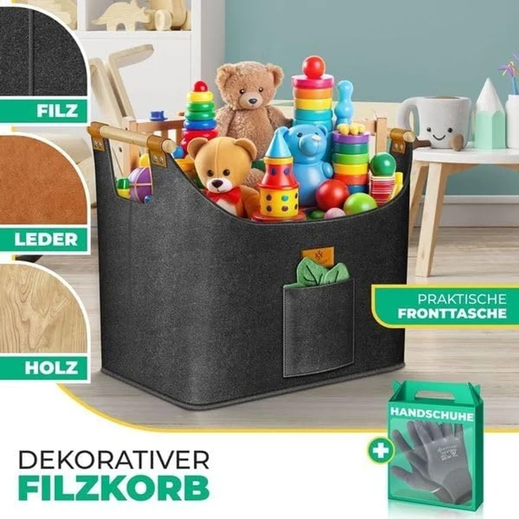 KESSER® Brennholzkorb | Kaminholztasche extra dicker Filz | Feuerholzkorb faltbar mit verstärkten Holzgriffen | Aufbewahrungskorb für Holz, Zeitung oder Brennholz | Inkl. Arbeitshandschuhen Anthrazit, 60 Liter – Bild 3