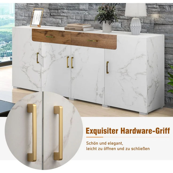 Sideboard weiß marmoriert mit Eiche-Front, modernes TV-Sideboard, Wohnzimmer-Kommode mit 2 Schubladen und 4 Türen – Bild 8