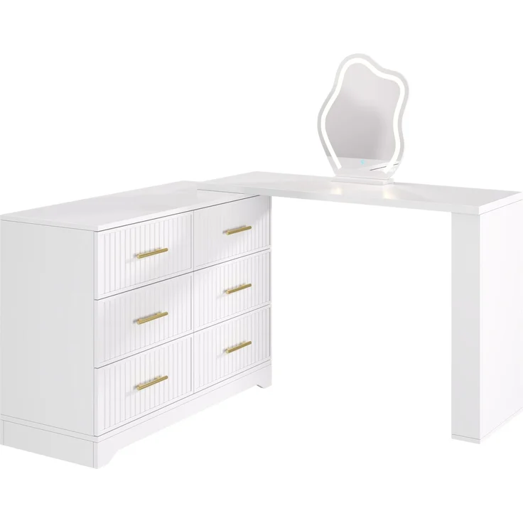 Drehbarer Schminktisch B 110 x T 40 x H 129 cm, längenverstellbar, mit LED-Spiegel und 6 Schubladen – Bild 6