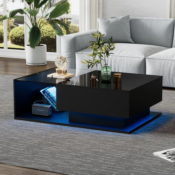 Couchtisch mit Glas, 1 Schublade, LED-Beleuchtung per App steuerbar, 100x50x32 cm, stoßfestes Glas – Bild 4