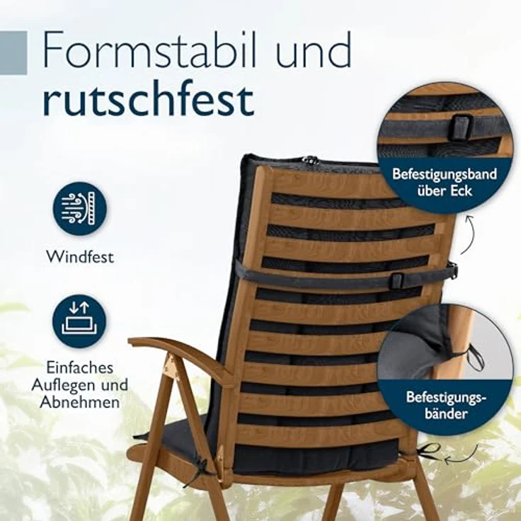 Beautissu Hochlehnerauflage 6er Set Sun-HL, 120x50x8cm, Anthrazit, mit Kopfpolster, rutschfest, robust, UV 5, Befestigungsbänder – Bild 5