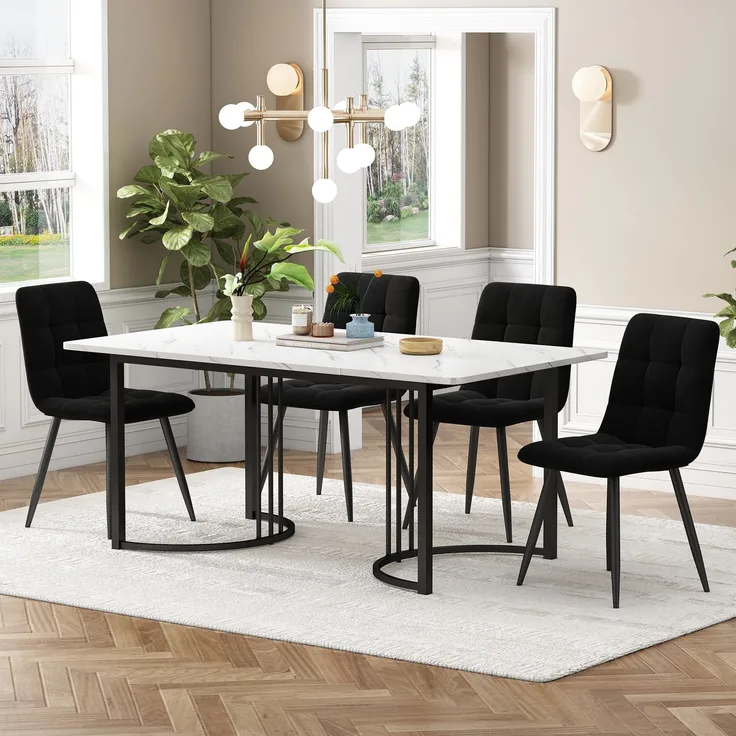 Essgruppe (5-tlg),Esstisch mit 4 Stühlen Set, Moderner Küchentisch Set , 140×80cm Küchentisch mit Schwarz Metallbeinen, MDF Tischplatte in Weißer,Schwarz Samt Esszimmerstühle--Weiß--96x69x18.5cm--YOUDENOVA