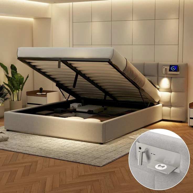 Polsterbett mit LED-Beleuchtung, Wireless Charger und Stauraum, extra breites Kopfteil mit Spots, Type-C und USB Anschlüssen, 180x200 cm, gepolsterter Kopfteil, Doppelbett, Stauraumbett, Leinen – Bild 4