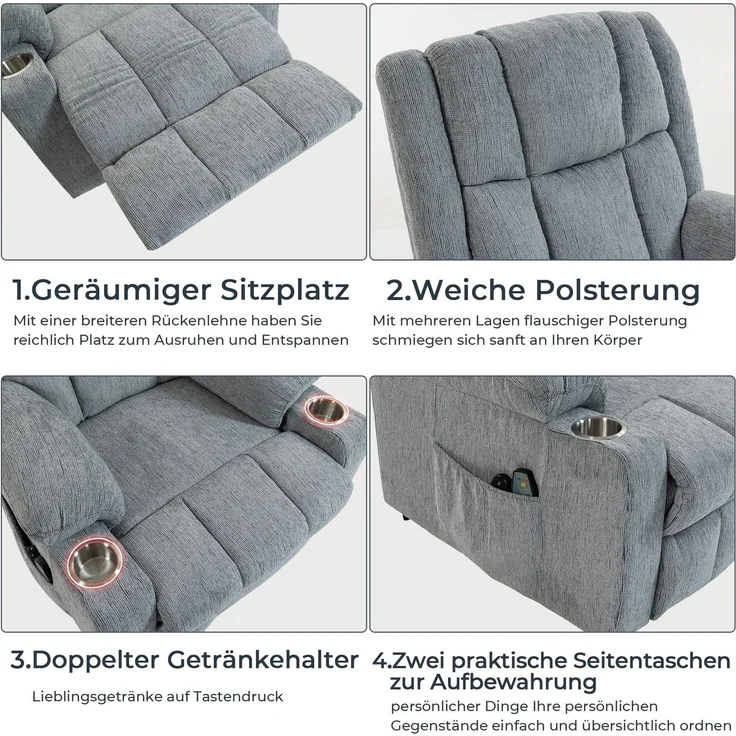 Elektrischer Relaxsessel aus Samt mit Aufstehhilfe, Massage & Wärme, 91x84x106 cm, Hellgrau – Bild 9