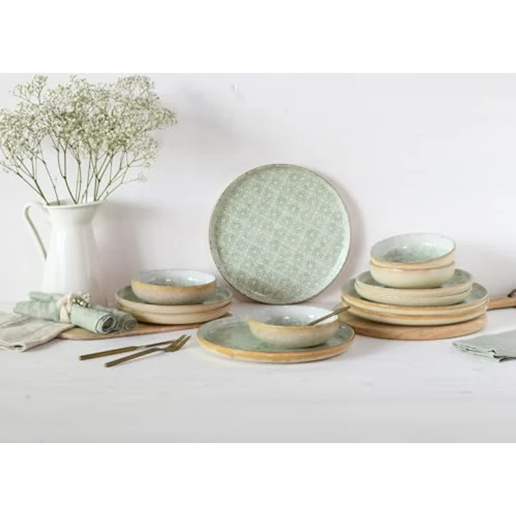 Creatable Tafelservice Uno Emiliana, 12-teilig, creme-grün, lebensmittelecht, stapelbar, Keramik – Bild 3
