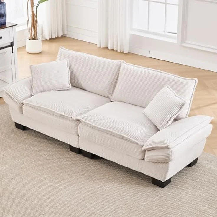 Ball & Cast Couch mit Schlaffunktion, Samt Sofa 2 Sitzer mit Kissen für das Wohnzimmer Wohnung Schlafzimmer, 224 x 81 x 81 (BxHxT), Beige – Bild 5