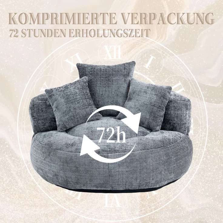 LVHOM XXL Sitzsack Chenille mit 3 Kissen, Lazy Sofa Kuschelig & Atmungsaktiv, Memory Foam Split, 108x108x52cm – Bild 8