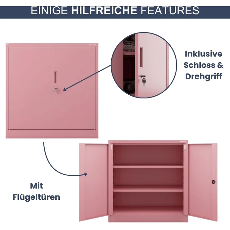 Aktenschrank abschließbar KADO - 3 Ebenen verstellbar, Flügeltüren | Metallschrank Werkstatt Mehrzweckschrank Büroschrank aus Stahl Werkzeugschrank, 93x90x40cm Rosa – Bild 5