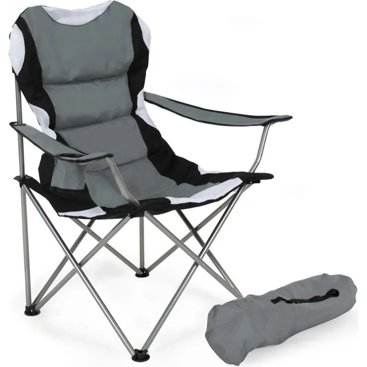BAKAJI Folding Camping Stuhl gepolstert mit Tasche Camping Meer Stuhl Strand Angeln im Freien Stahl und Polyester mit Tür Fach Getränke und Smartphone (Grau)
