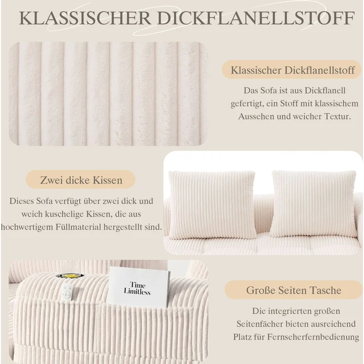 2-Sitzer Sofa, Cord mit Seitenfächern & Becherhaltern, 158x93x61 cm, Beige – Bild 5