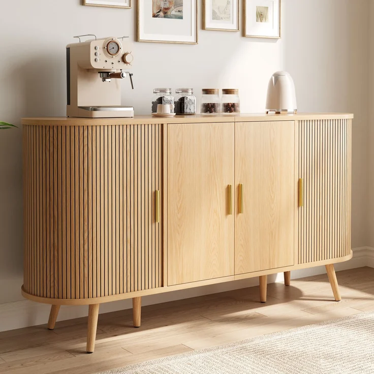 Merax Sideboard mit Schiebetüren an den Seiten, gebogenes Design mit vertikaler Rillenverkleidung, Griffleisten aus Metall, Aufbewahrungsschrank, Natur – Bild 3