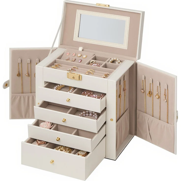 SONGMICS Schmuckbox mit 5 Ebenen, Schmuckkasten, mit Innenspiegel, abschließbar, weiß – Bild 4