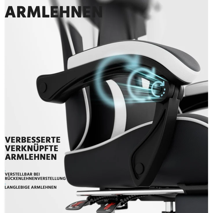 Gamingstuhl aus PVC mit verstellbarer Rückenlehne, Fußstützen und Rollen, 58,5x63x120,5 cm, Schwarz/Weiß – Bild 5