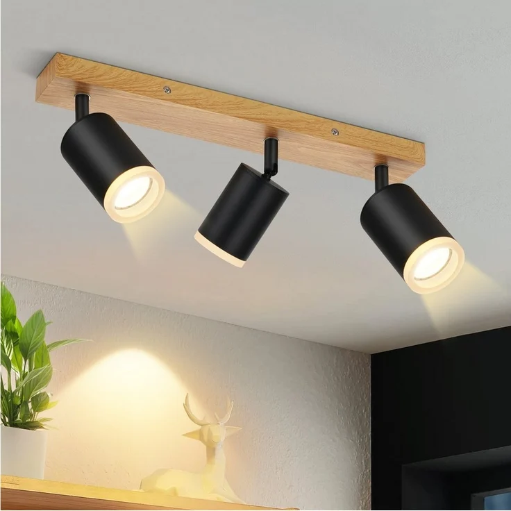 Nettlife Deckenstrahler Schwarz/Weiß GU10 Holz Vintage Deckenspots Küchenlampe, Schwenkbar, LED wechselbar, 350°Drehbar Flur Strahler Industrial für Wohnzimmer Schlafzimmer Küche – Bild 1