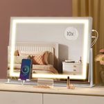 SONGMICS Schminkspiegel, mit LED-Beleuchtung, Touch-Steuerung, 15 LED-Glühbirnen, mit Ladeanschlüssen, 10x Vergrößerungsspiegel, 3 Lichtfarben, dimmbar, Handyhalter, Glas/Stahl/MDF mattweiß, 10 x 62,5 x 45,8 cm