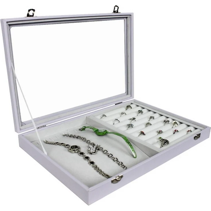 Yudu Schmuckkasten Schmucklade Schmuckkasten Schaukasten mit Glasdeckel Weiss – Bild 1